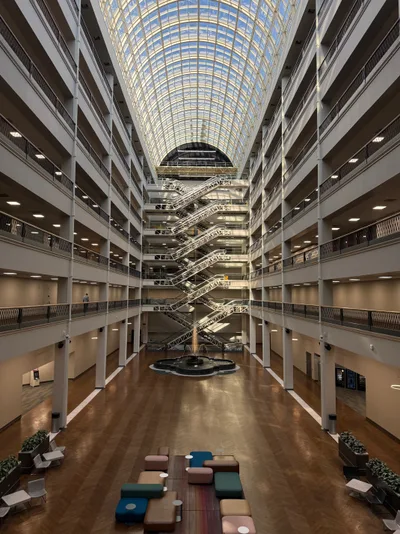Infomart atrium with iconic staircase, Dallas, Texas